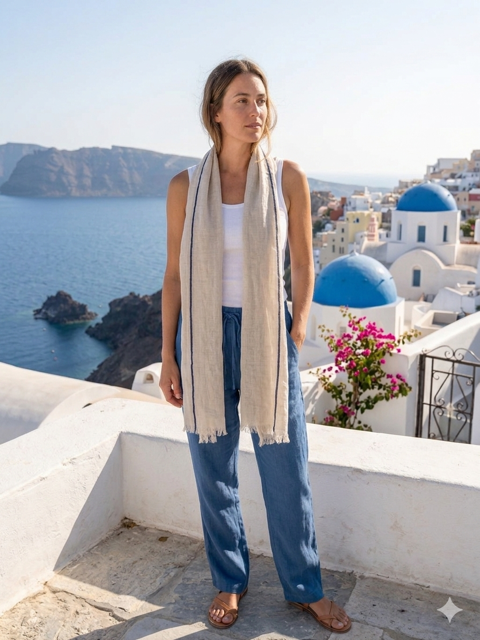 Elegant Cream Scarf with Navy Trim
