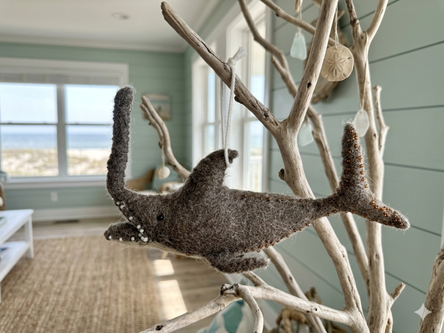 Fuzzy Grey Wool Narwhal Ornament with Bead & Shell Accents