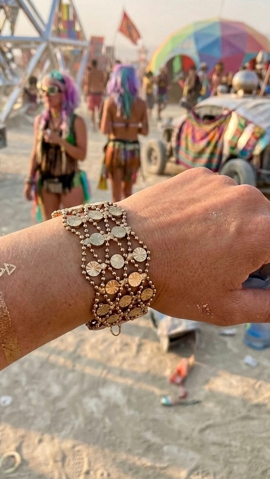 Gold Beaded Mesh Cuff Bracelet | Starburst Detail | Boho Statement Jewelry