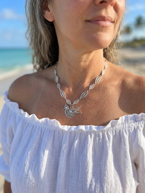 Artisan Metalwork Bird & Leaf Filigree Necklace