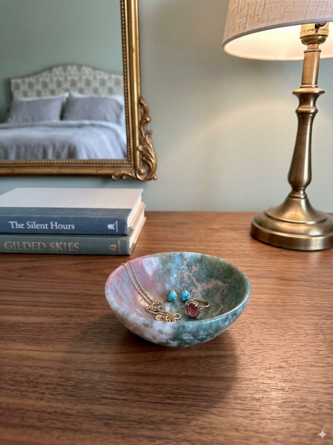 "Desert Sunrise" Mookite Stone Jewelry Bowl | Green & Rose Crystal Decor