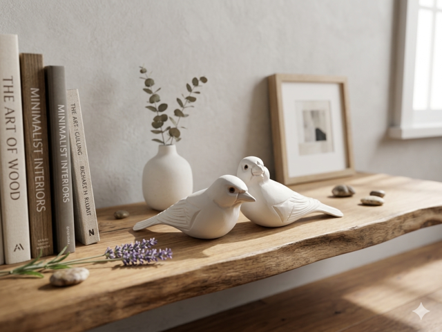 Artisan Carved White Wooden Songbirds – Rustic Shelf Decor – Set of 2