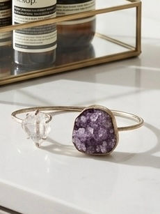Raw Amethyst Geode & Herkimer Diamond Open Cuff Bracelet
