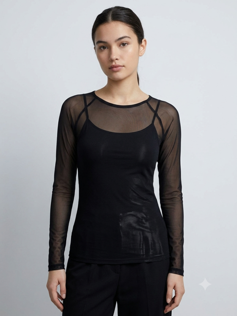 Black Sheer Mesh Long Sleeve Top | Raglan Sleeve Crewneck Layering Tee