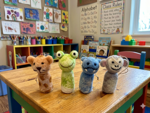 Set of 4 Handmade Needle Felted Safari Finger Puppet Ornaments