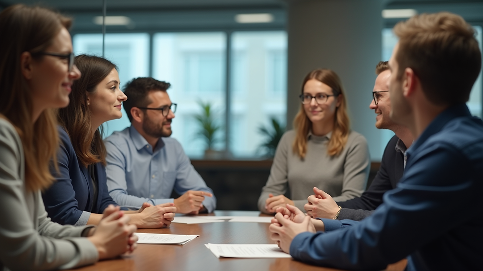 Close-up view of a leadership workshop with participants engaged in group discussion