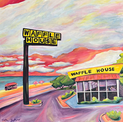 A painting of Waffle House on the Beach in Biloxi, Mississippi on Highway 90.  The painting has a purple road and parking lot, the sky is a mix of pinks and peach colors with clouds full of light blue and highlights of yellow.  The beach has a stand on it that says Get Wet.  There are trees in the parking lot. 