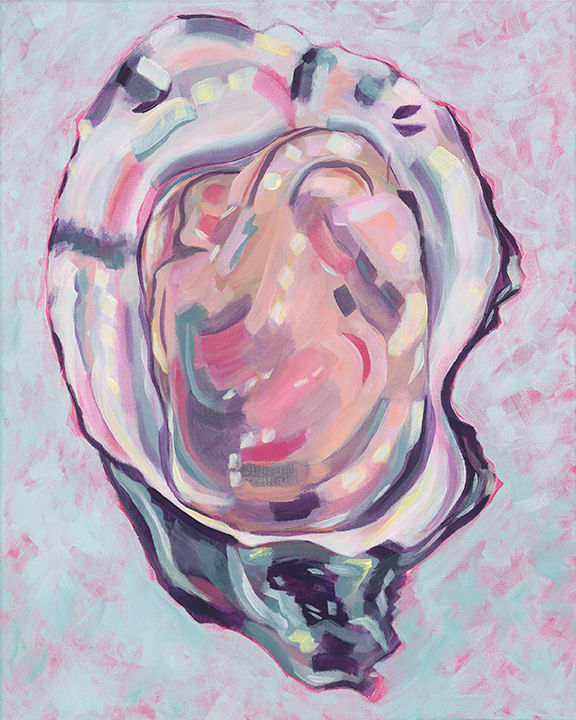 Oyster on a half shell in pink and blue