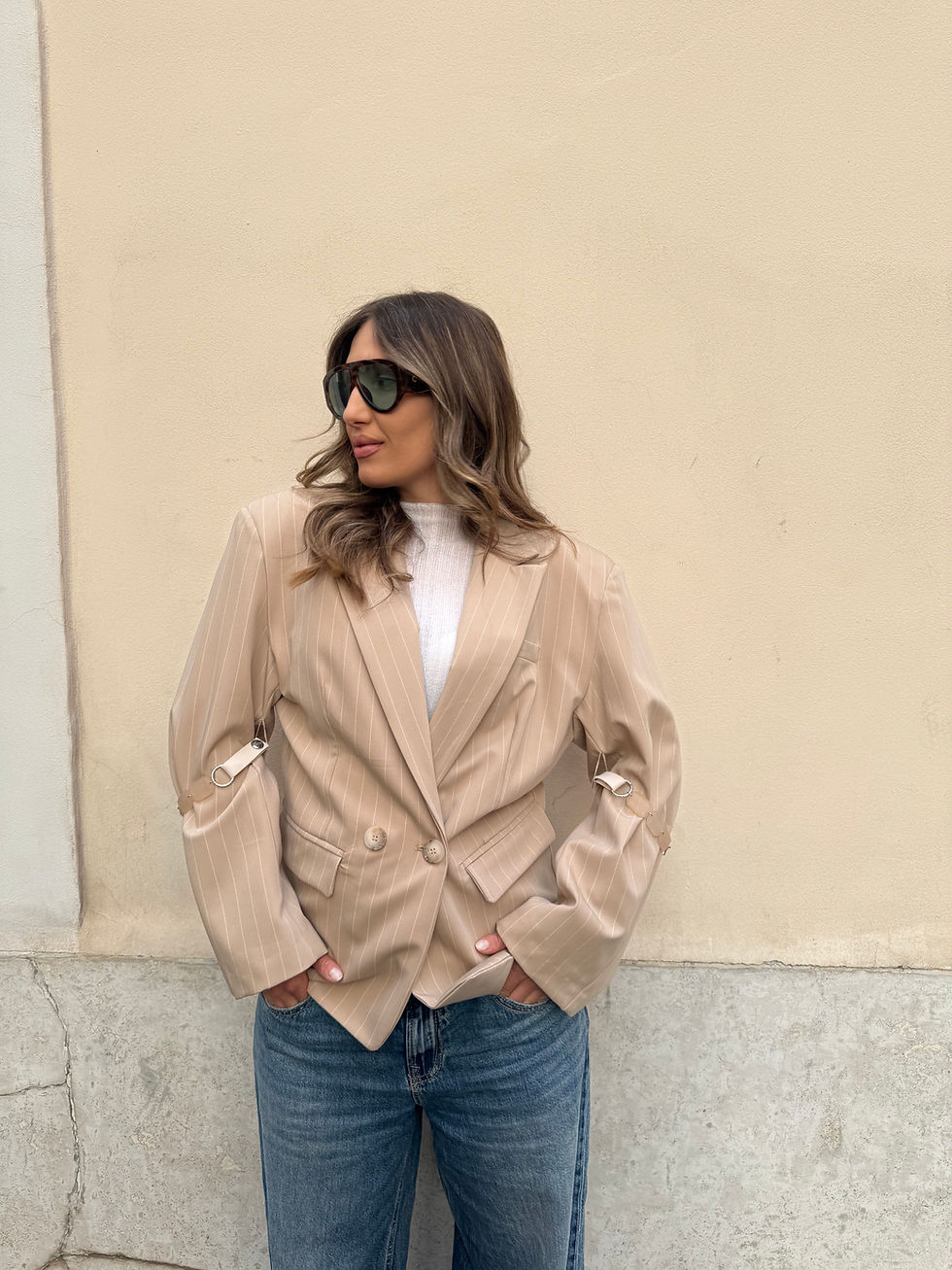 Miniatura: Haveone - Blazer gessato con bracciale sulle maniche