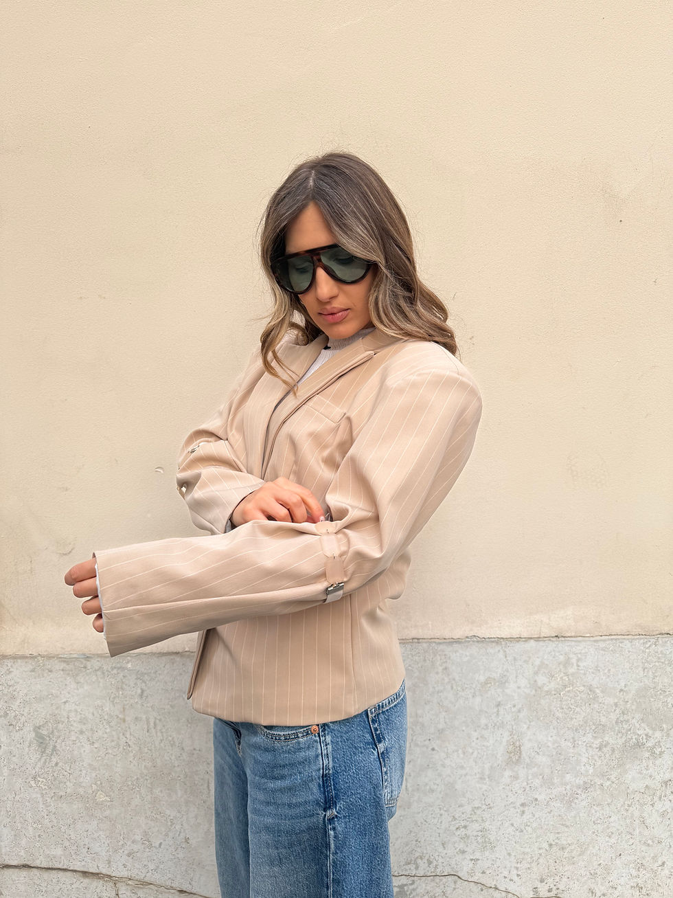 Miniatura: Haveone - Blazer gessato con bracciale sulle maniche