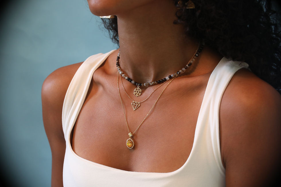 Thumbnail: Custom 18K gold jewelry by Glowd Studio featuring fine details like diamonds, yellow sapphire, pearls, agate, jade, turq,sun.
