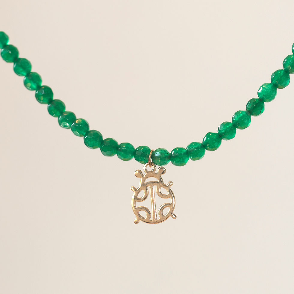 Custom 18K gold jewelry by Glowd Studio featuring fine details like diamonds, yellow sapphire, pearls, agate, jade, turq,sun.