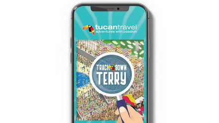 Isometric illustrated game world for ‘Where’s Terry the Toucan’ app, featuring colorful layered terrain and hidden character elements.
