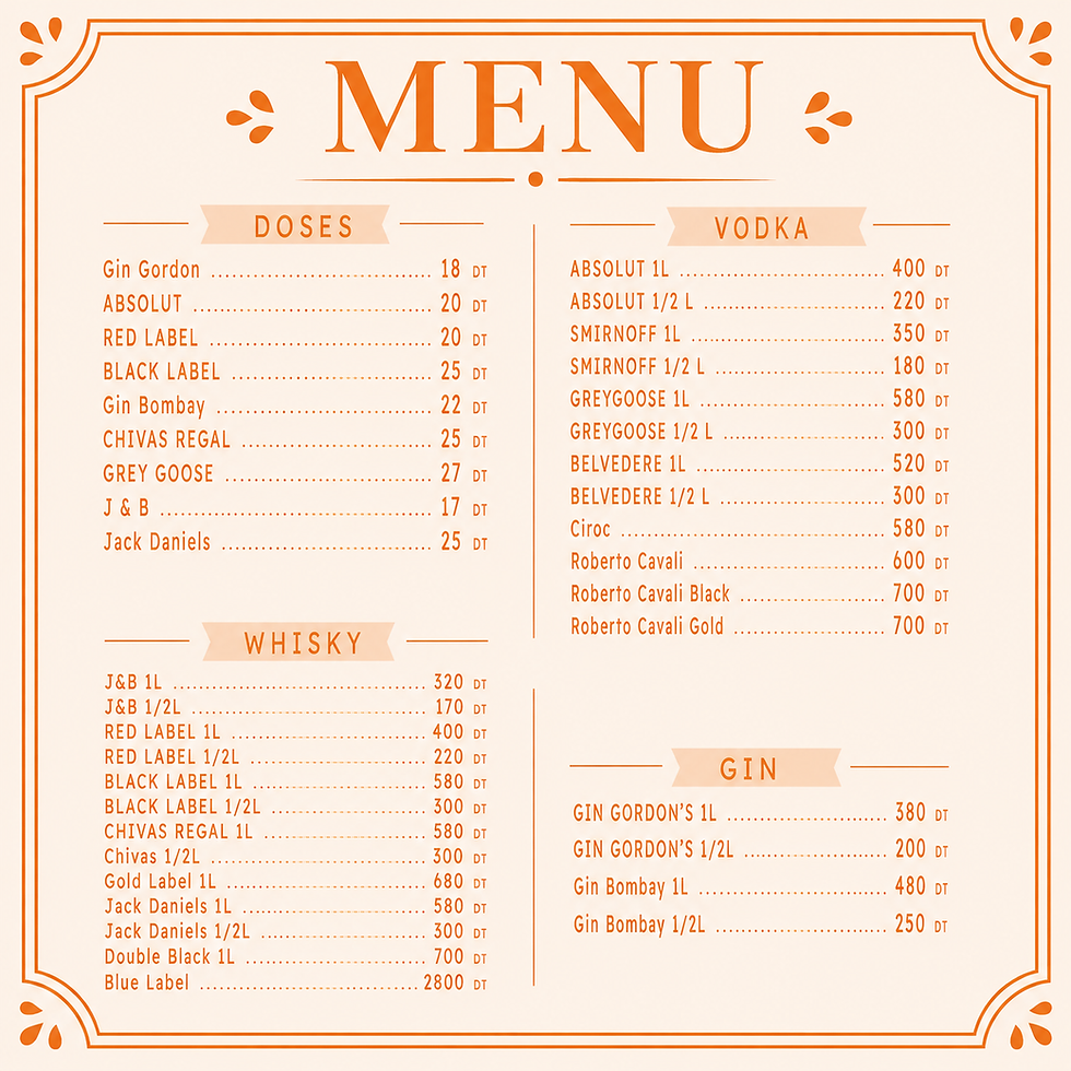 Menu des vodkas, gins et whiskys chez Alma La Marsa : spiritueux premium, cocktails, bar-restaurant avec terrasse à La Marsa,