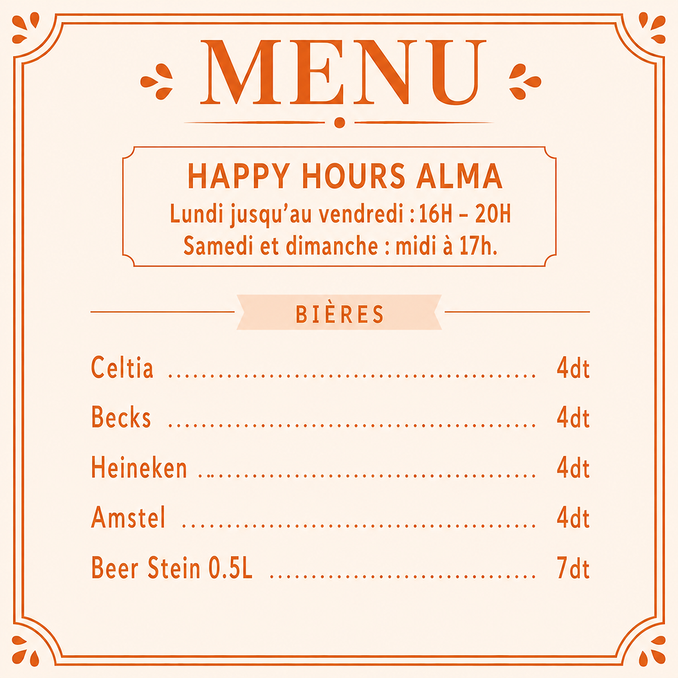 Happy Hour chez Alma La Marsa : bières, cocktails, vins et tapas à prix réduits dans un bar-restaurant avec terrasse à La Mar