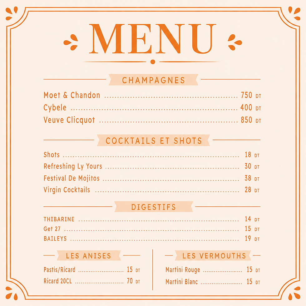 Menu des champagnes et cocktails chez Alma La Marsa : cocktails signature, champagnes premium, bar, restaurant et terrasse à 