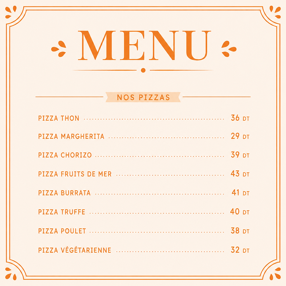Menu des pizzas chez Alma La Marsa : pizzas artisanales au feu, ingrédients frais, restaurant, bar et terrasse à La Marsa, Tu