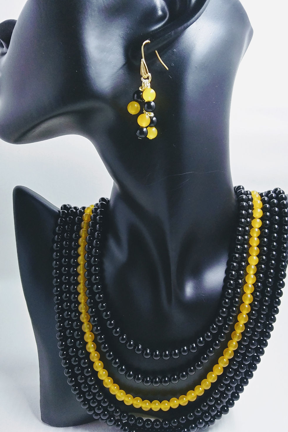 onyx, yellow jade, multiplestrand necklace, waterfall earrings