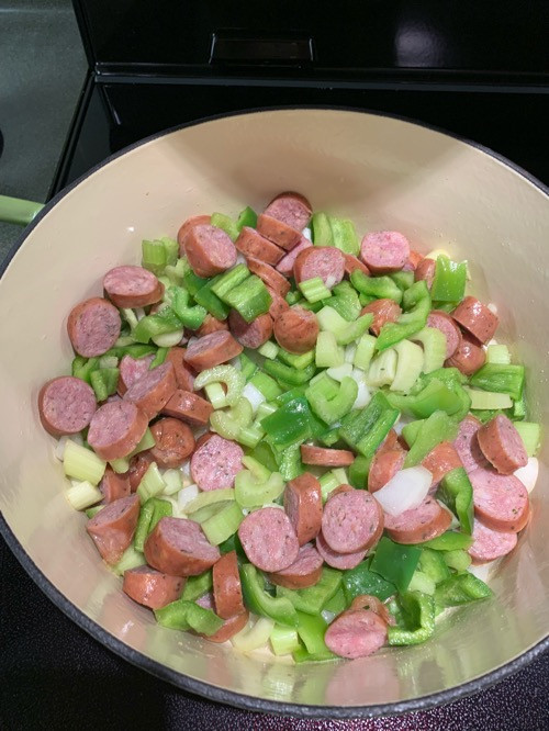 Jambalaya Using Costco Freybe Sausages and Kirkland Signature Boneless Skinless Chicken Thighs