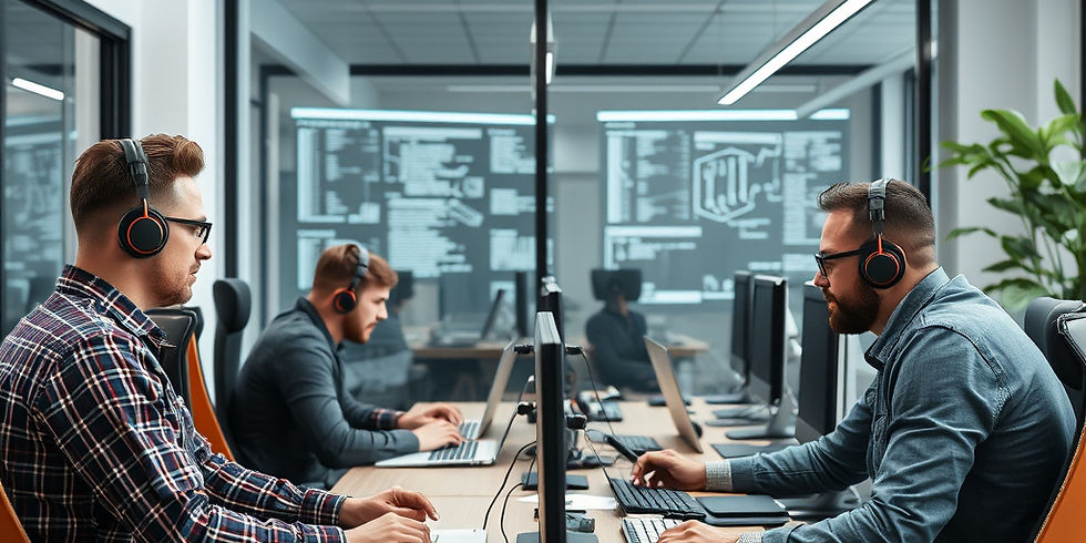 Office scene with three men wearing headphones working at computers. Background shows large screens with code. Mood is focused and techy.