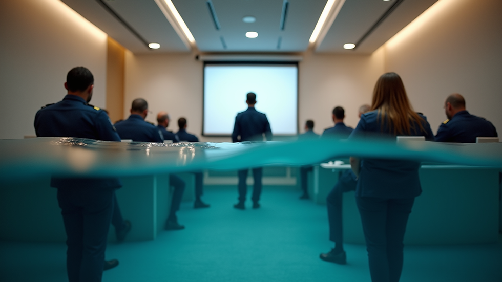 Vue en plongée d’une salle de conférence avec des policiers en formation