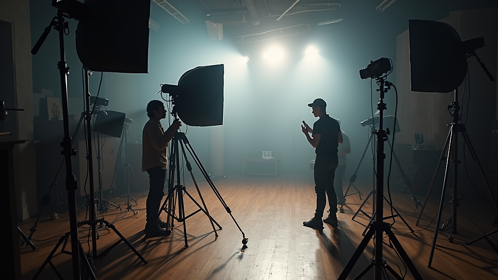 High angle view of a film set with lighting and camera equipment focused on a product shoot