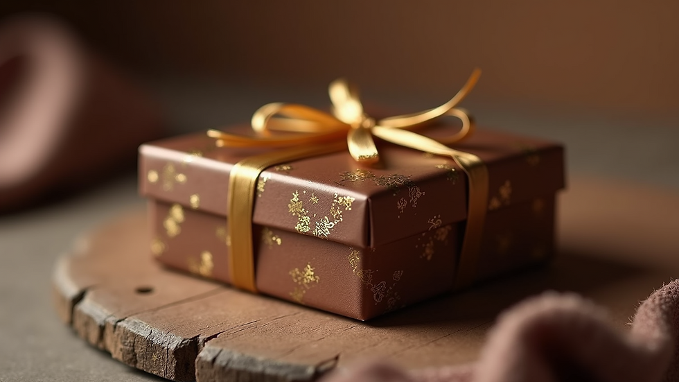 Eye-level view of elegant chocolate box with gold foil accents