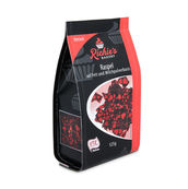 Verpackung von „Richie's Bakery Raspel“ mit roten Herz-Schokoladensplittern auf Milchpulverbasis, 125 g, UTZ-zertifiziert, schwarz-rot gestaltetes Design.
