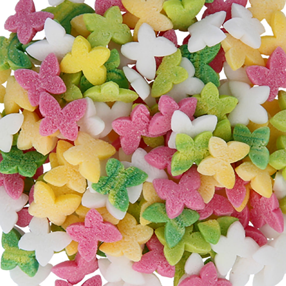 Butterfly Mix: Bunte Zuckerstreusel in Form von Schmetterlingen in Weiß, Gelb, Grün, Rosa und Pink –