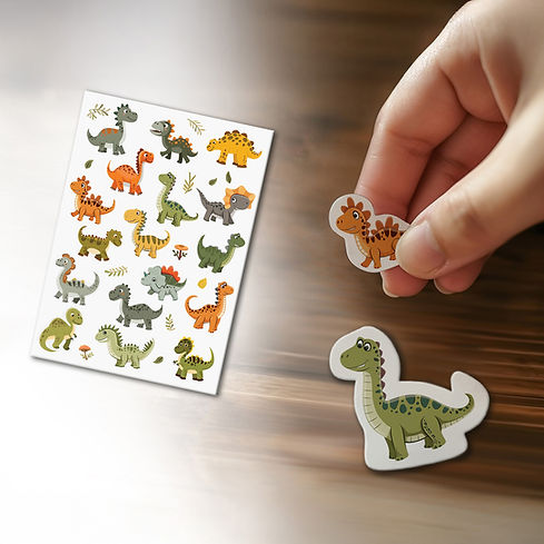 Hand hält einen orangefarbenen essbaren Dinosaurier-Sticker; daneben ein grüner Dino-Sticker auf Tisch und ein Stickerbogen mit verschiedenen Dinosauriern im Hintergrund.