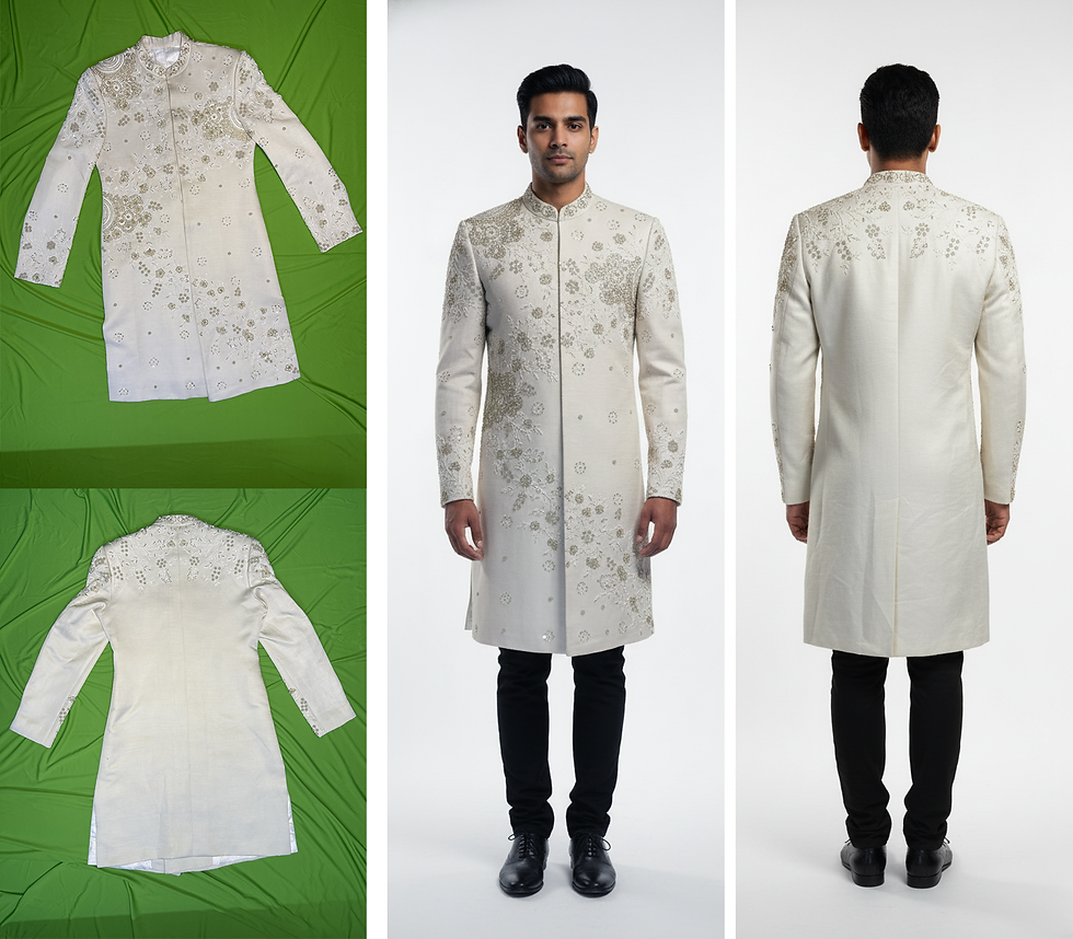 Eye-level view of a digital fashion model wearing a futuristic outfit in a studio setting