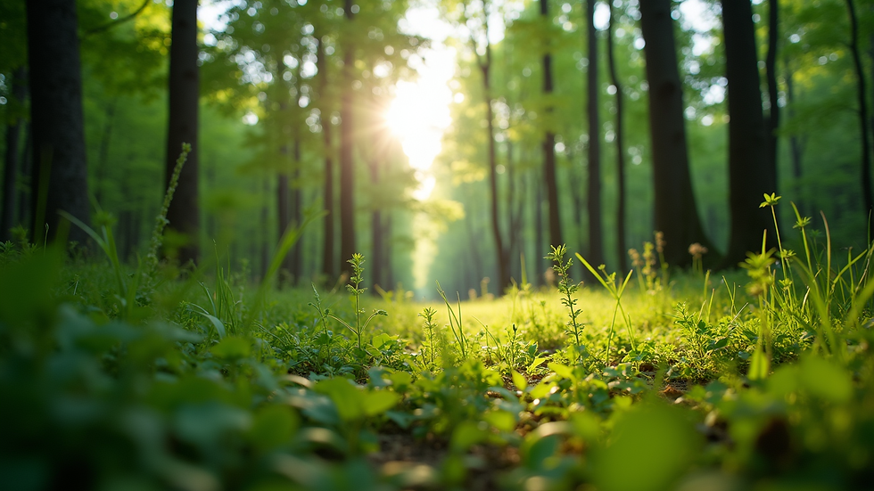 Eye-level view of a lush green forest with sunlight filtering through the trees