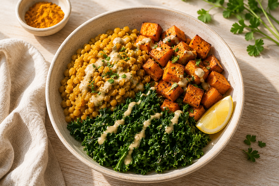 Turmeric lentil and sweet potato bowl with kale, an anti-inflammatory recipe for skin