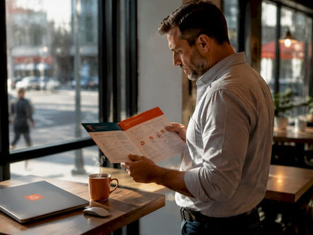 IT manager reviewing digital signage software brochures