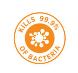 Outer circle with the words Kills 99.9% of bacteria around a smaller image representing bacteria