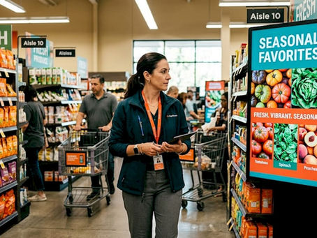 Retail store manager near digital endcap display