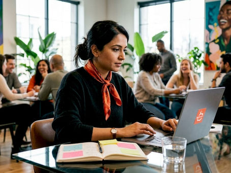 Woman managing digital signage content on laptop
