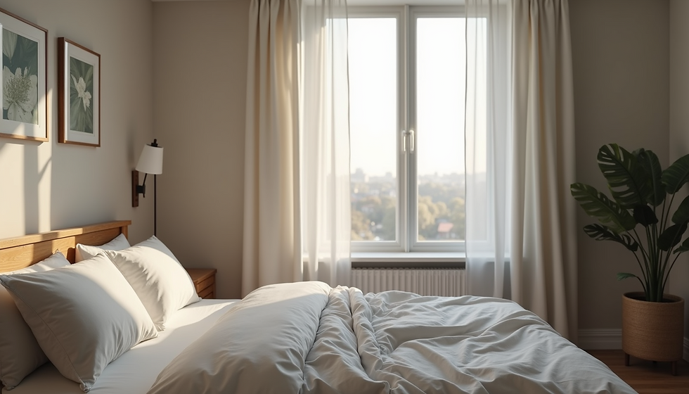 Bedroom with sunlight on a neatly made bed, white pillows, and soft curtains. Art on wall and a potted plant beside a window with city view.