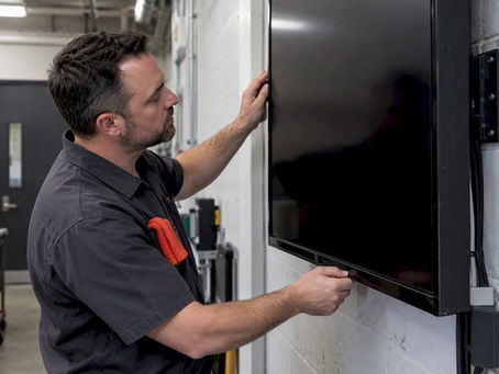 Manager inspecting commercial signage panel hardware