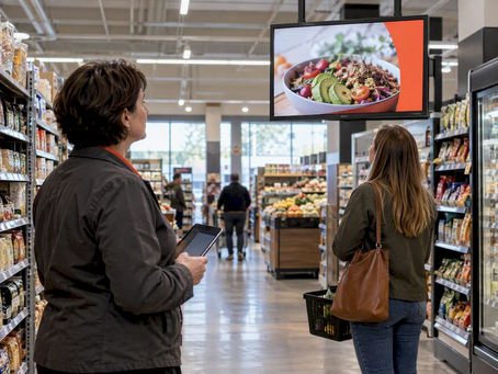 Retail shopper viewing an in-store digital advertisement