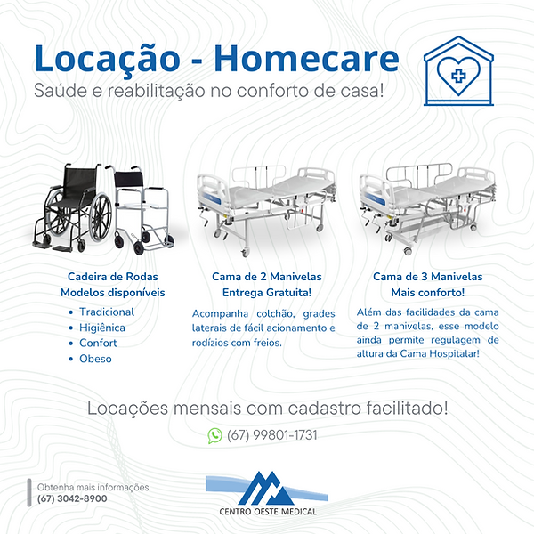 Foto de equipamentos disponíveis pra Locação na Centro OEste Medical como cama hospitalar e cadeira de rodas