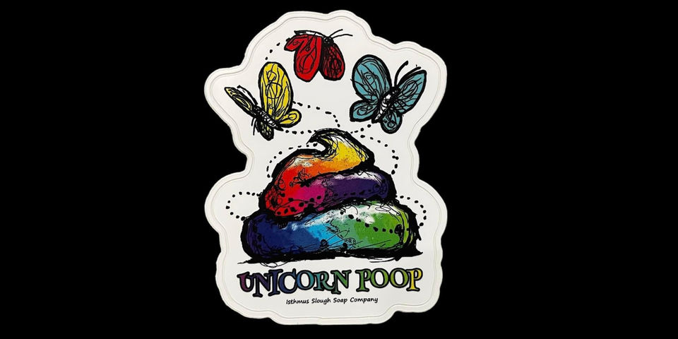 A rainbow cartoon unicorn poop with butterflies sticker.