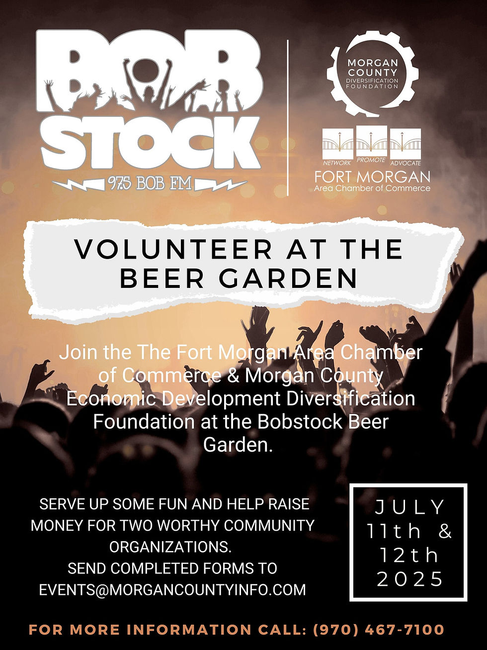 Bobstock volunteer flyer with silhouettes of cheering crowd. Event dates July 11-12, 2025. Contact info and organization logos included.