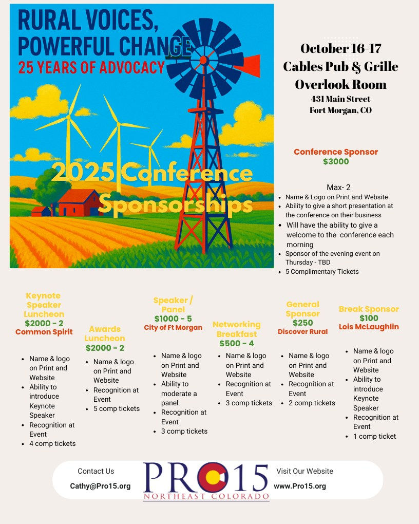 Colorful flyer for "Rural Voices, Powerful Change" conference in Fort Morgan, CO, Oct 16-17. Includes sponsorship details and contact info.