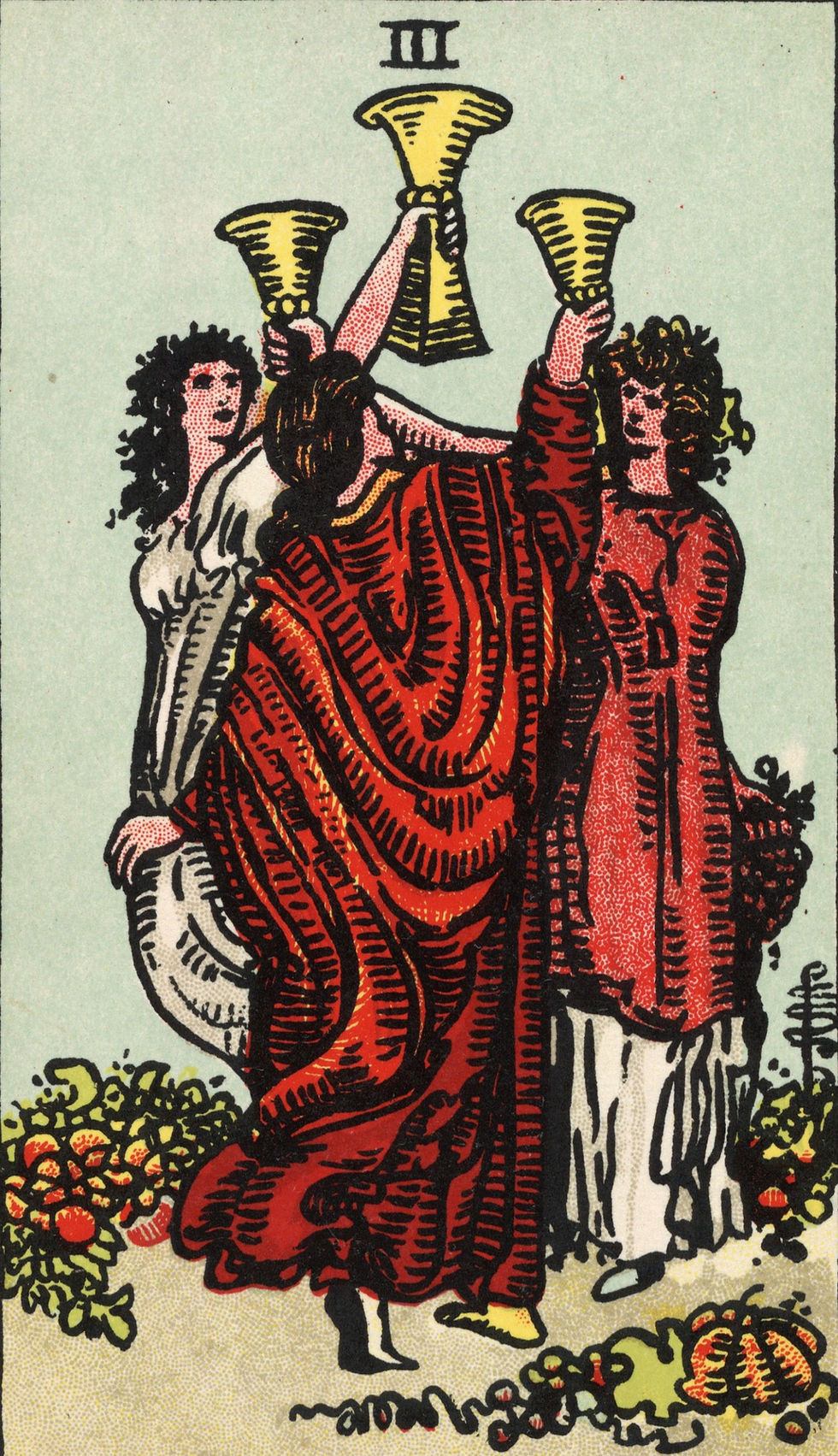 Carta de tarô 3 de copas, com três mulheres em vestes vermelhas e brancas erguendo taças, em fundo claro com frutas e plantas.