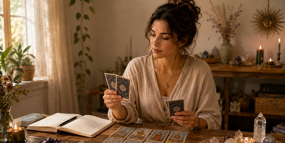 Mulher estuda de tarô à mesa, com caderno, velas e cristais, em sala aconchegante iluminada por luz suave.