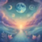 um fundo místico e sereno com tons suaves de azul e roxo, elementos sutis de estrelas e representações simbólicas de finalizações, como um pôr do sol, um caminho levando à distância e folhas caindo. O clima geral é sereno, reflexivo e introspectivo.