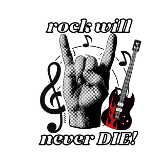 Hand with music notes and a guitar with the words rock will never die