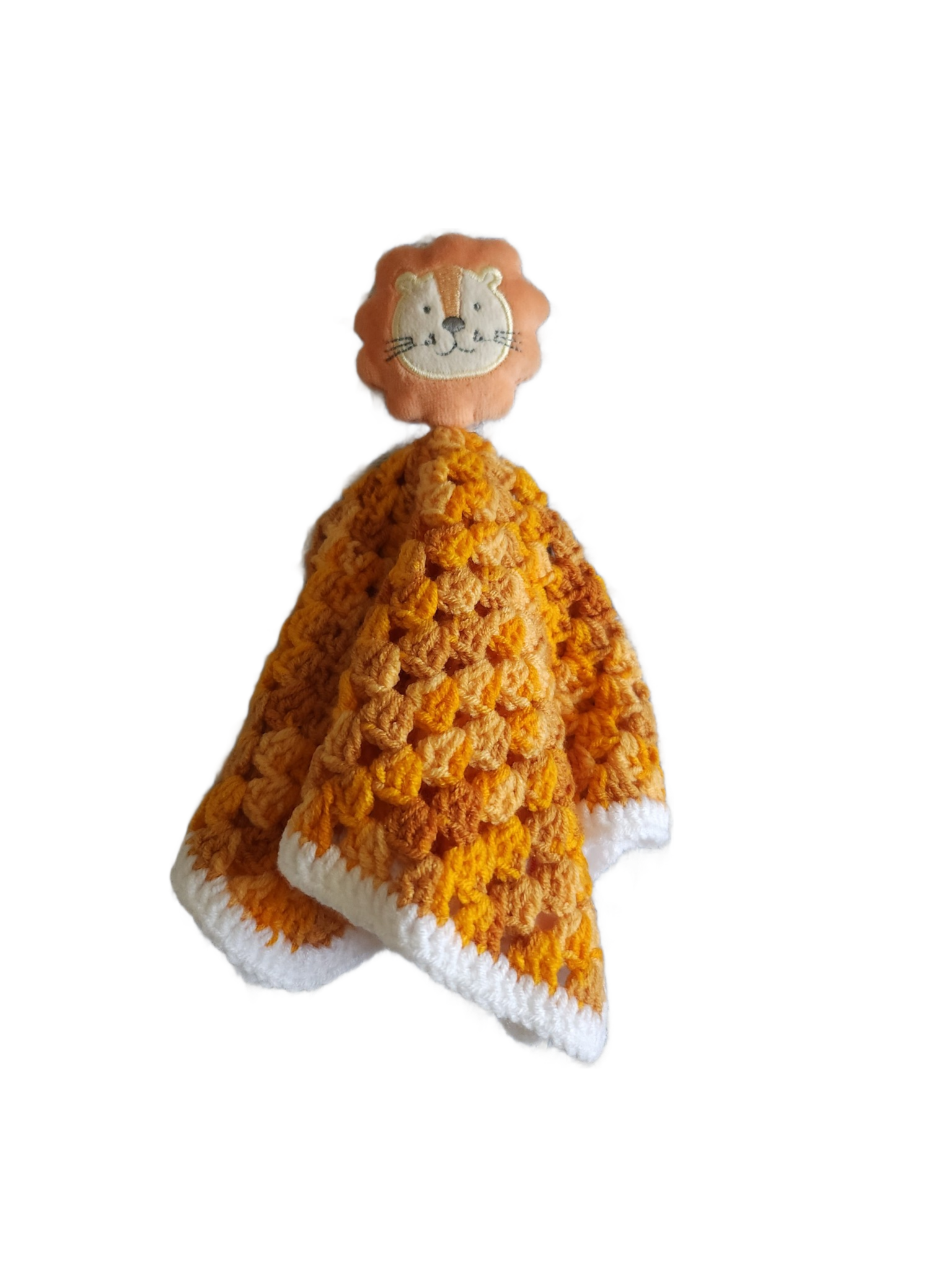 Handmade crochet Leo the Lion standing up.