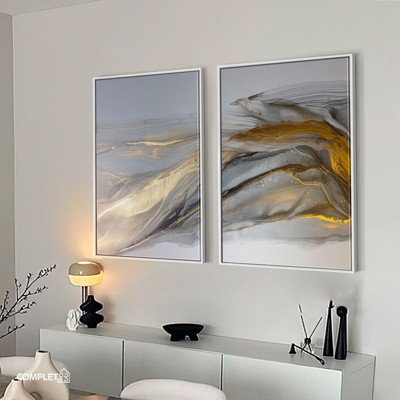 Miniatura: Quadros Abstratos Manchas de Tinta Álcool Cinza com Dourado